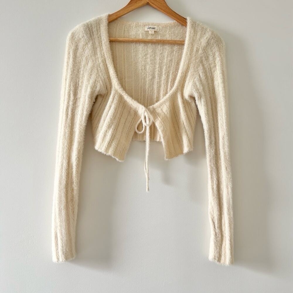Y2K Bittersweet Tie Front Fuzzy Cropped Cardigan Cream Size S Coquette Girl - Picture 2 of 5